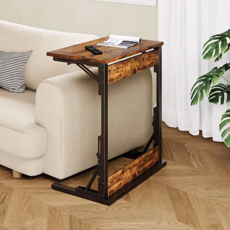 DESMIU Bijzettafel met opklapbaar C-vormig ontwerp en verstelbare voetjes, Houtlook, Rustiek Bruin, B: 60 cm, D: 37 cm, H: 71 cm