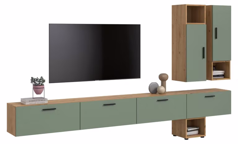 Xonox Wooncombinatie The One, 9-delige moderne set in Artisan eikenhoutlook en rookgroen, B/D/H: 300 x 34 x 178 cm