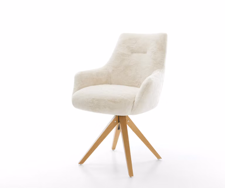 Draaistoel Alja-Flex met armleuning, crème-wit pluche en houten frame, 360 graden draaibaar met pocketveer kern
