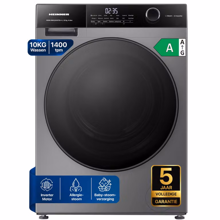 Heinner HWM-HMK1014IVTA Voorlader Wasmachine 10 kg, 1400 tpm, Inverter, Touch, Anti-Allergie, Titaniumgrijs