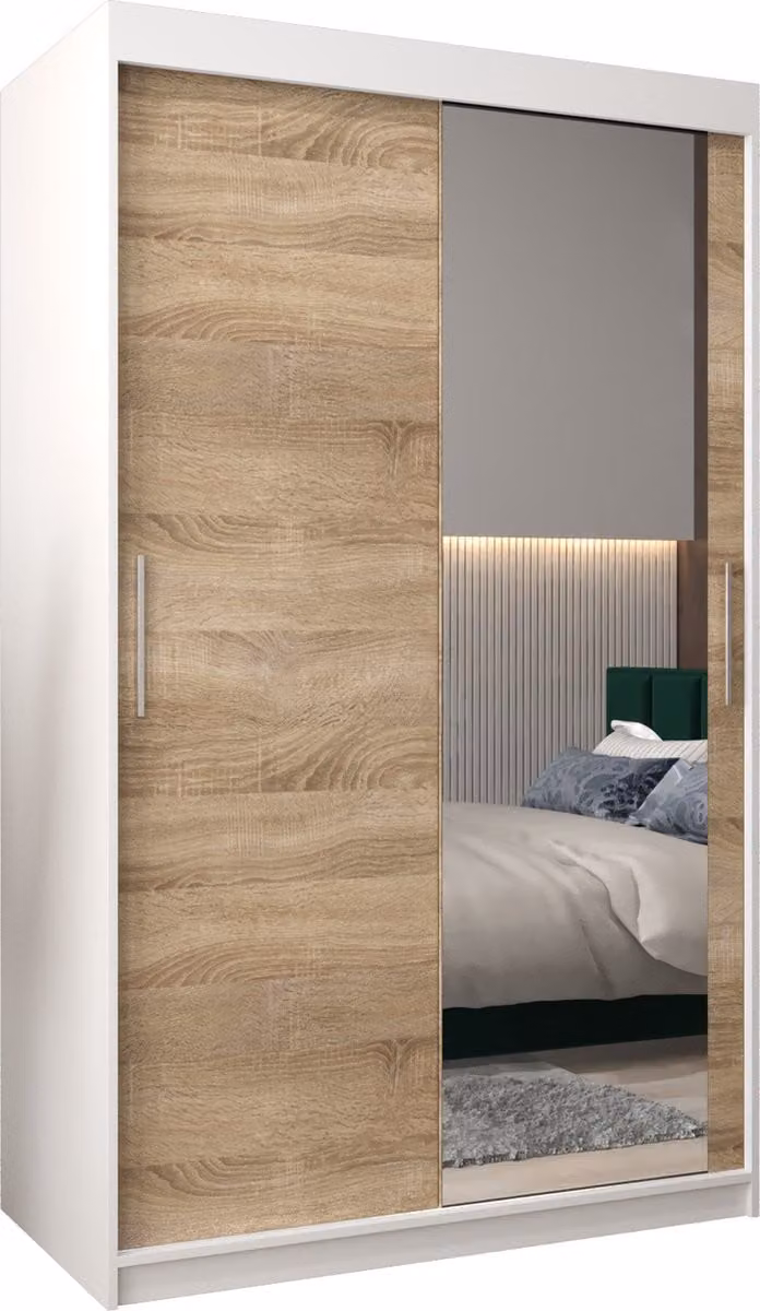 InspireMe TORM II 120 Kledingkast met 2 schuifdeuren en 2 lades - Wit Mat en Sonoma Eik - B/D/H: 120 x 62 x 200 cm