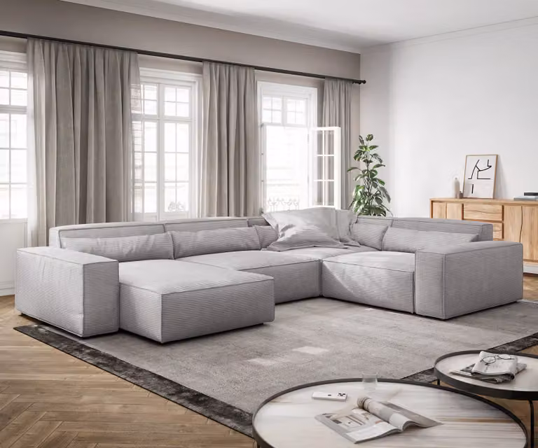 DELIFE Woonkamerlandschap Sirpio XL met variabele recamiere, zilvergrijs corduroy, 360 x 260 cm