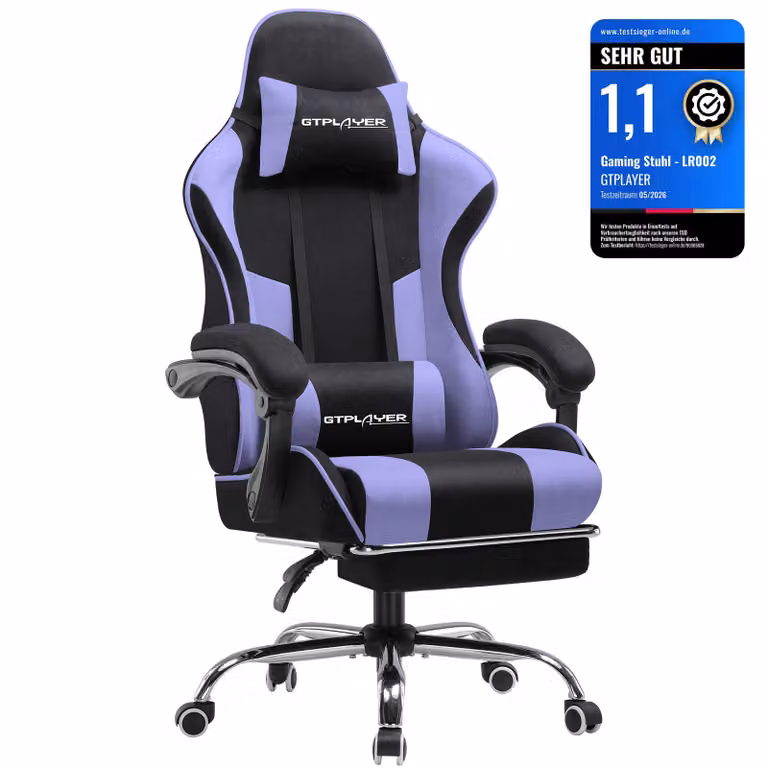 GTPLAYER Ergonomische Gaming Stoel met Voetsteun, Hoofdkussen en Lendensteun, Stoffen Fauteuil, Paars