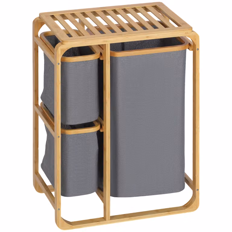 HOMCOM Wasmand van Bamboe met 3 Uitneembare Manden en Stoffen Zakken, B/D/H: 50 x 32 x 69,7 cm
