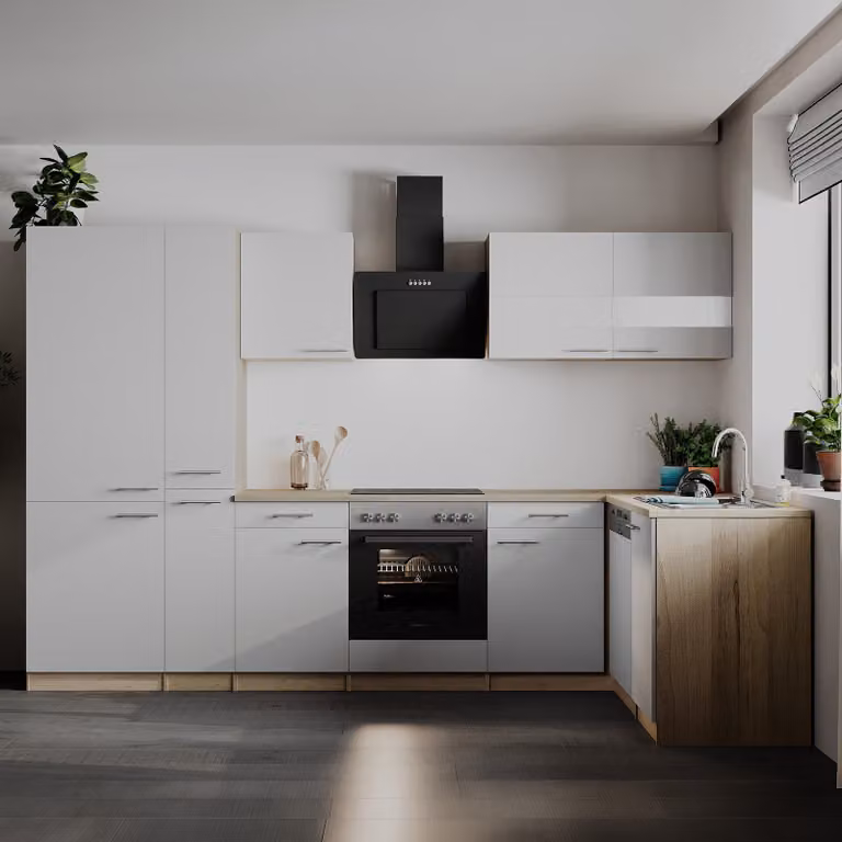 home24 Hoekkeuken Merle combi met elektrische apparatuur, wit, Breedte: 310 cm