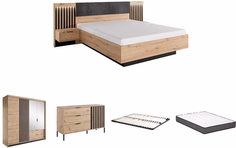 ARIADA Slaapset met bed, matras, nachtkastjes, ladekast en kast - Breedte: 160 cm, Lengte: 200 cm - Natuurlijk en zwart