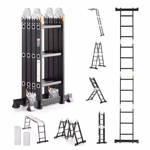 VEVOR Multifunctionele 7-in-1 vouwladder, uitschuifbare aluminium A-frame ladder met steiger, 3,7 m reikhoogte, 355 kg draagvermogen, zwart