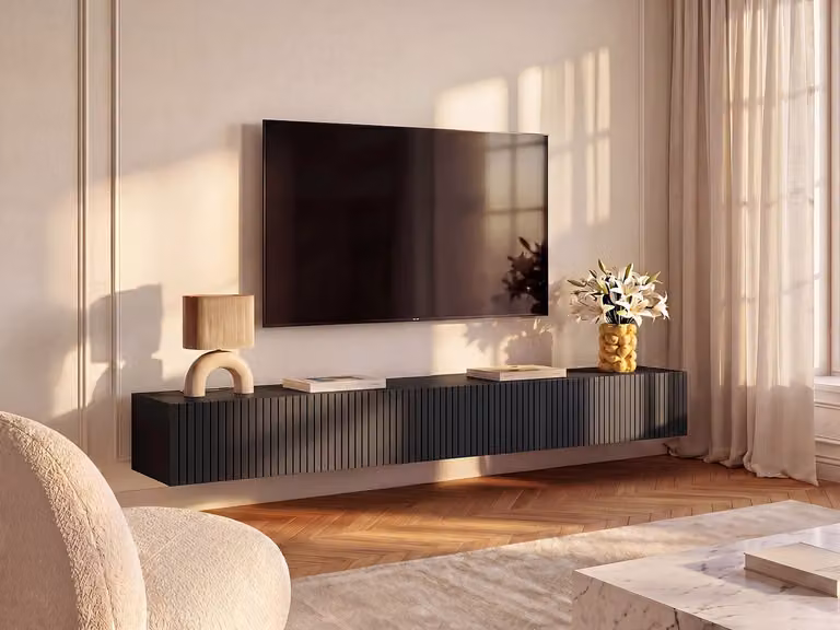 DANTAY Modern Hangend tv-meubel met 3 deurtjes - Zwart - B: 200 cm, H: 32 cm, D: 25 cm
