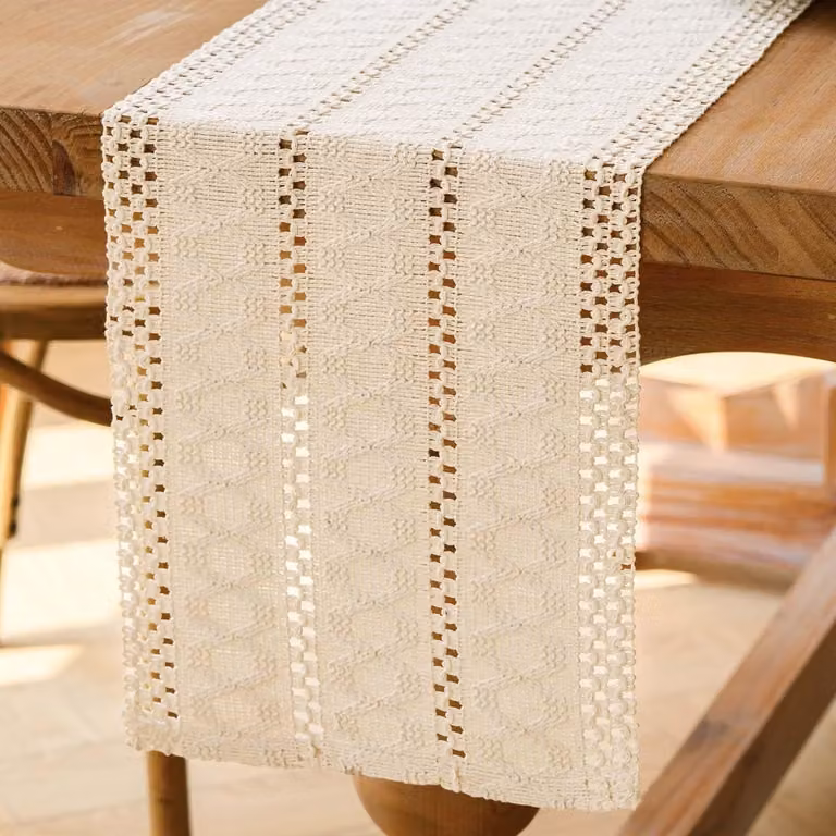 Rustieke Macramé Tafelloper van Katoen en Linnen voor Bruiloft of Party Decoratie, Breedte: 30 cm, Lengte: 100 cm