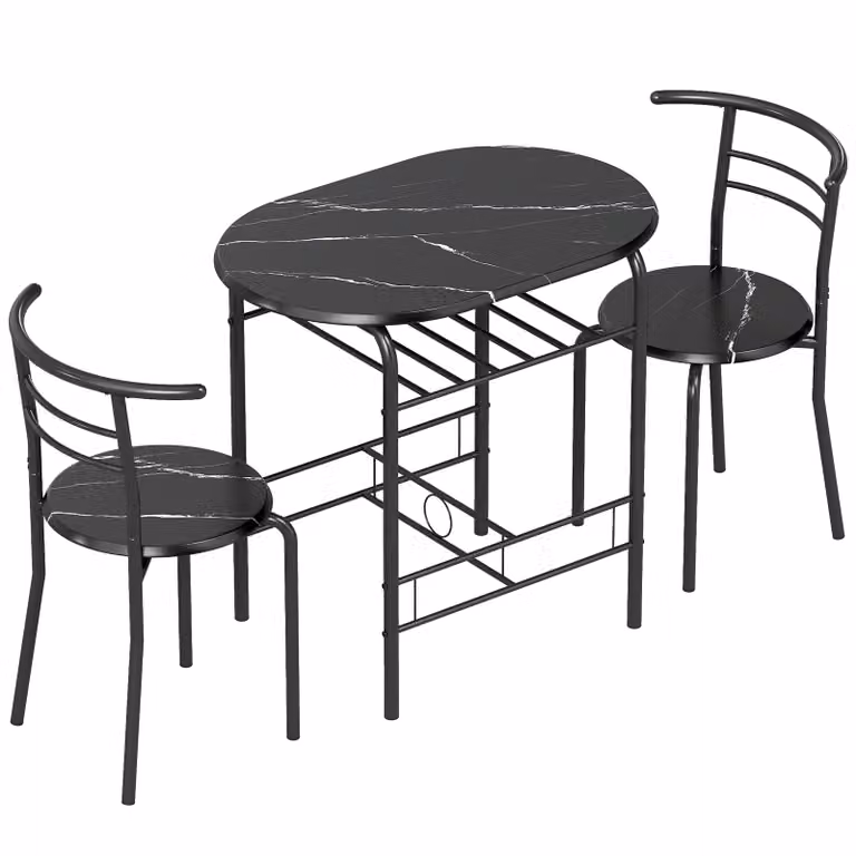 HOMCOM Eetkamer set 3-delig met keukentafel en 2 stoelen met plank, zwarte marmerlook