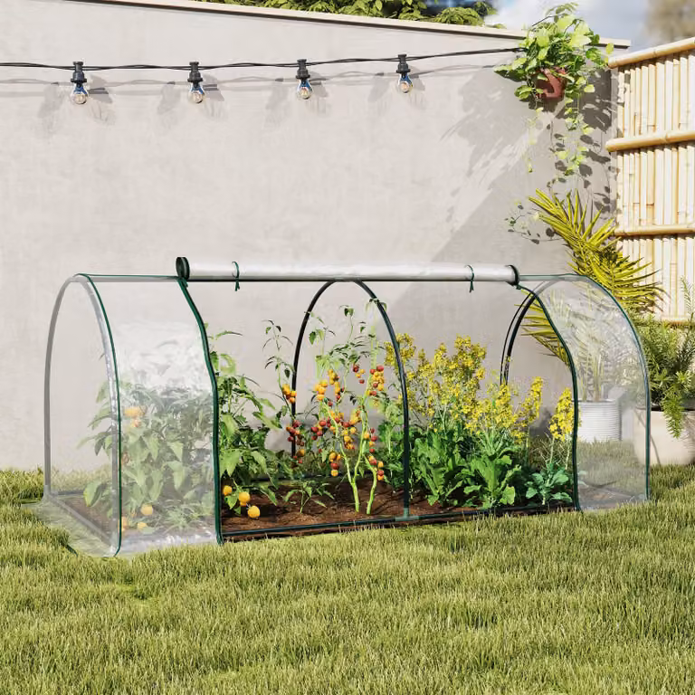 Outsunny Broeikas met Roldeur en Ritssluiting, Weerbestendig Staal en PVC, Transparant, B/D/H: 200 x 100 x 80 cm