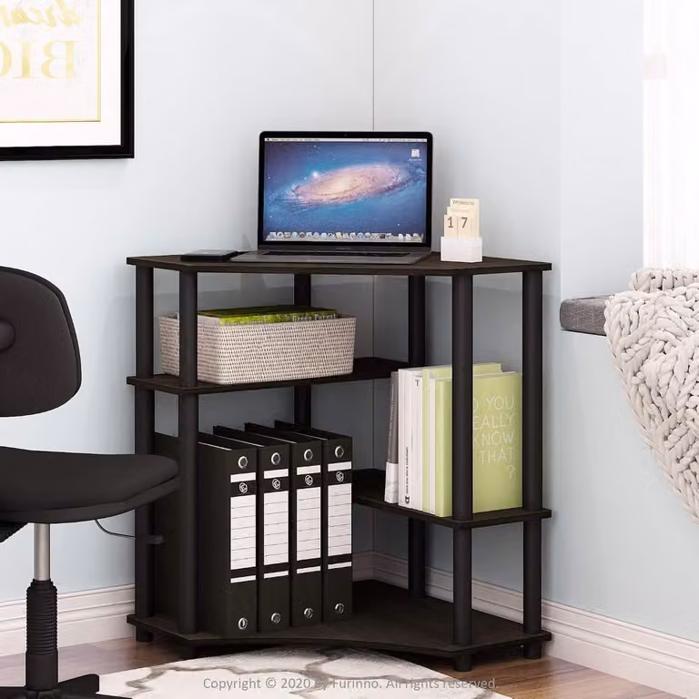 Compact Hoekbureau met Planken voor Thuiswerken - Espresso Zwart - B: 79 cm, D: 72 cm