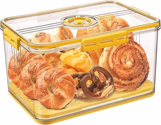 Luchtdichte gele broodtrommel met ventilatie, plastic broodopslagcontainer met silicone deksel