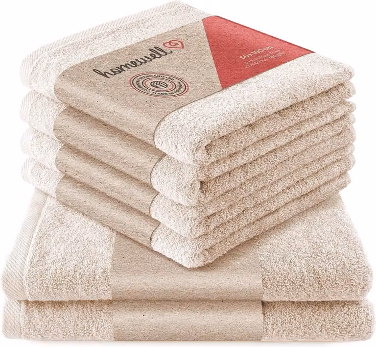 Handdoekenset van 100% katoen met 2 badhanddoeken en 4 handdoeken in beige, Oeko-Tex 100 gecertificeerd