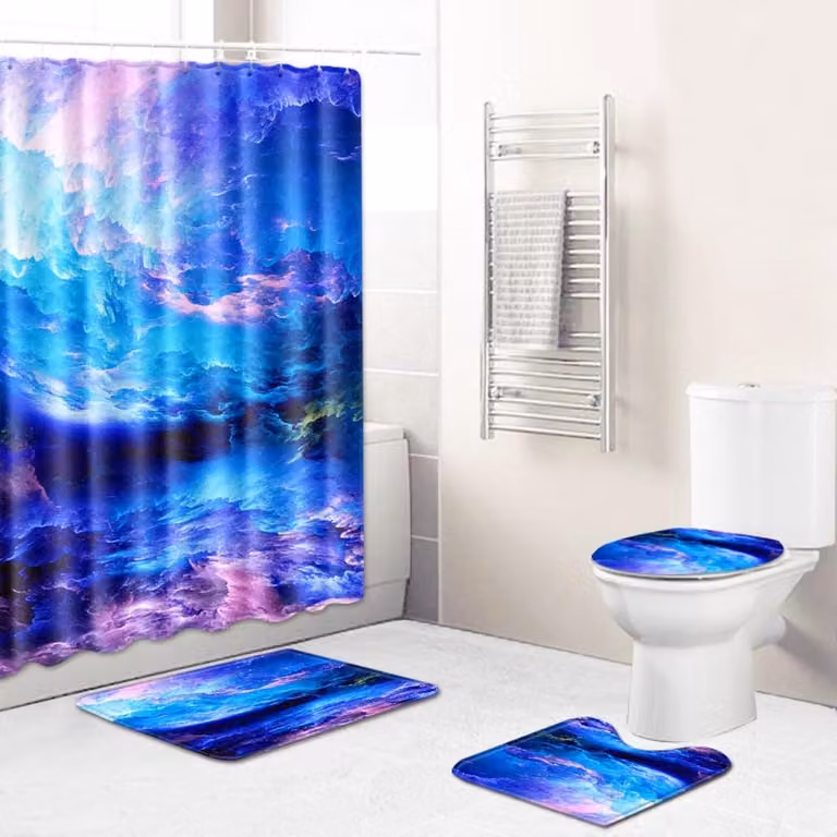 3-delige badmat set in blauw, roze en paars met afmetingen 50 x 80 cm