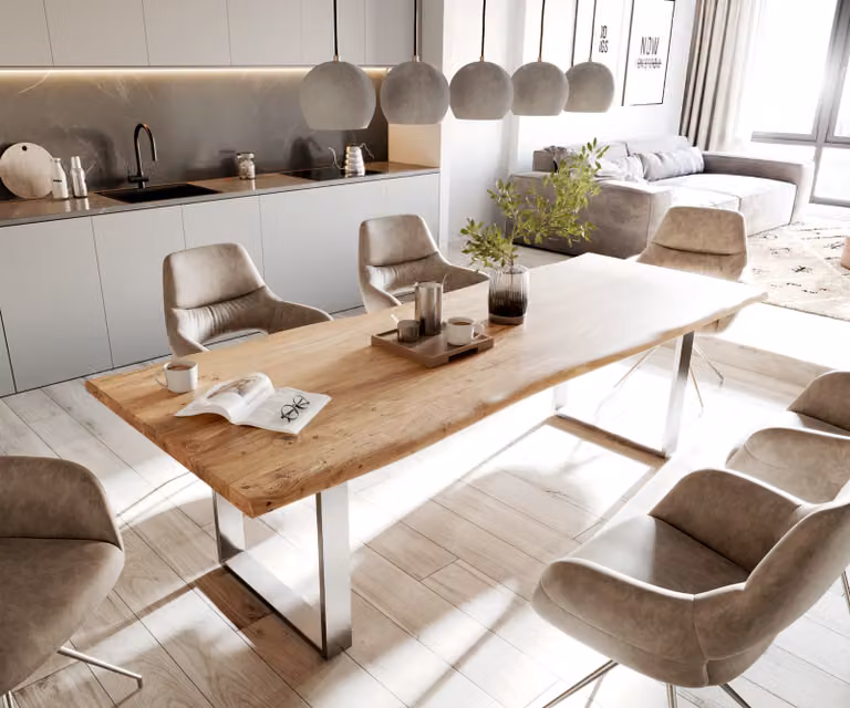 DELIFE Eettafel Edge Live-Edge Acacia en Roestvrijstaal, Bruin/Zilver, B: 260 cm, D: 100 cm, H: 73,5 cm