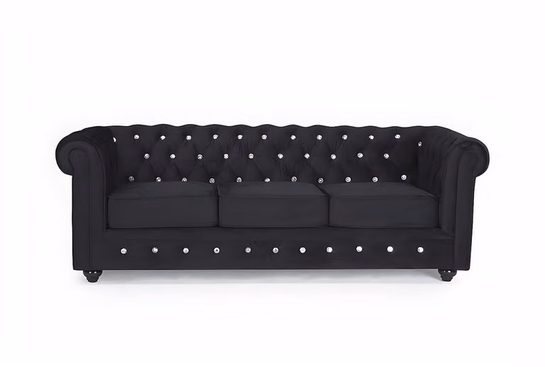 Chesterfield driezitsbank in zwart velours met kristallen knopen