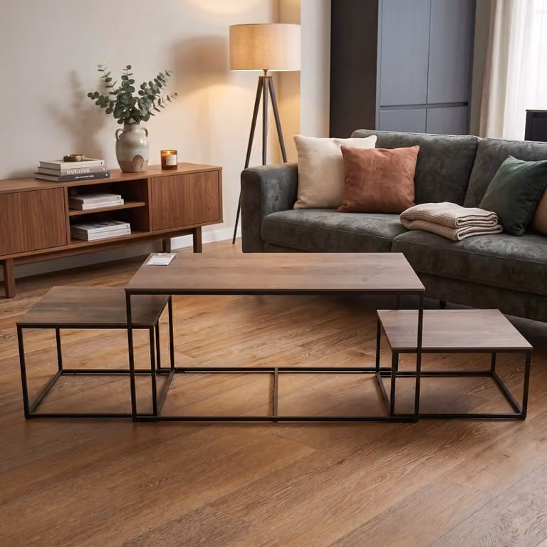 WoonMax Salontafel Mex set van 3 in bruin en zwart met houteffect en metalen onderstel
