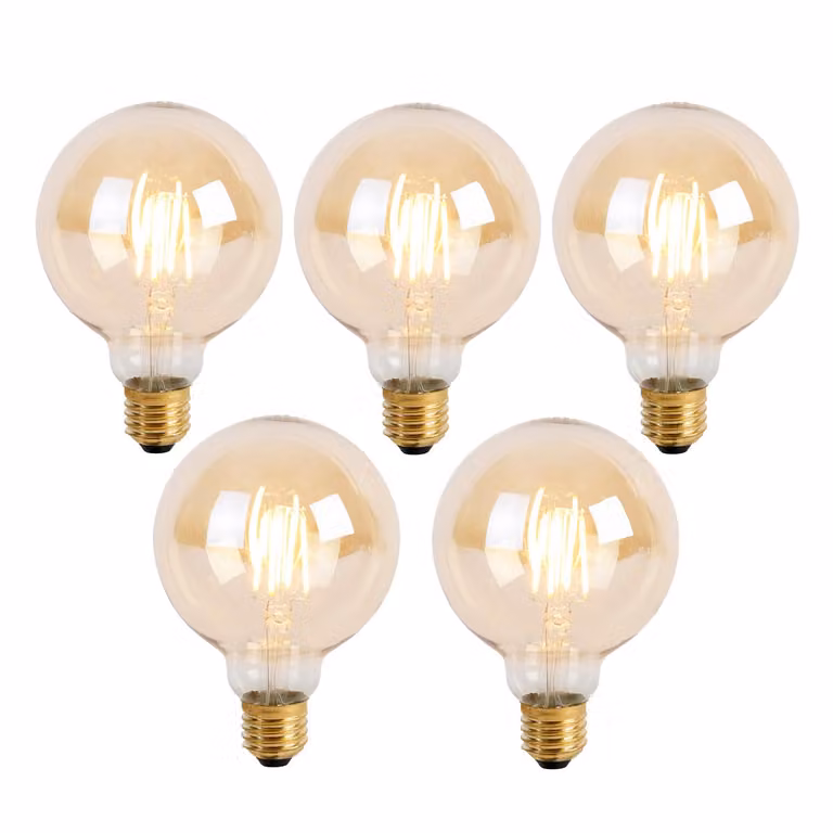 Set van 5 LUEDD G95 LED Globe lampen E27, Warm wit, Goud/Messing, 5W, 530 lm, Dimbare decoratieve glazen lampen