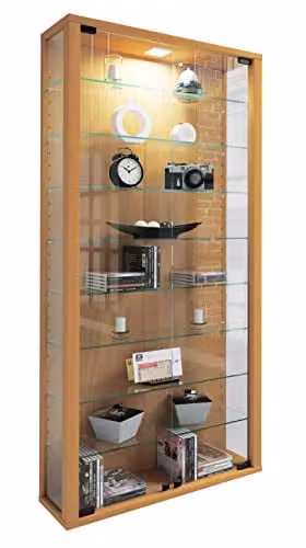 VCM Vitrosa III Wandvitrine met glazen deuren en houten look, Beuken/Bruin, B: 59 cm, H: 114 cm, D: 18 cm