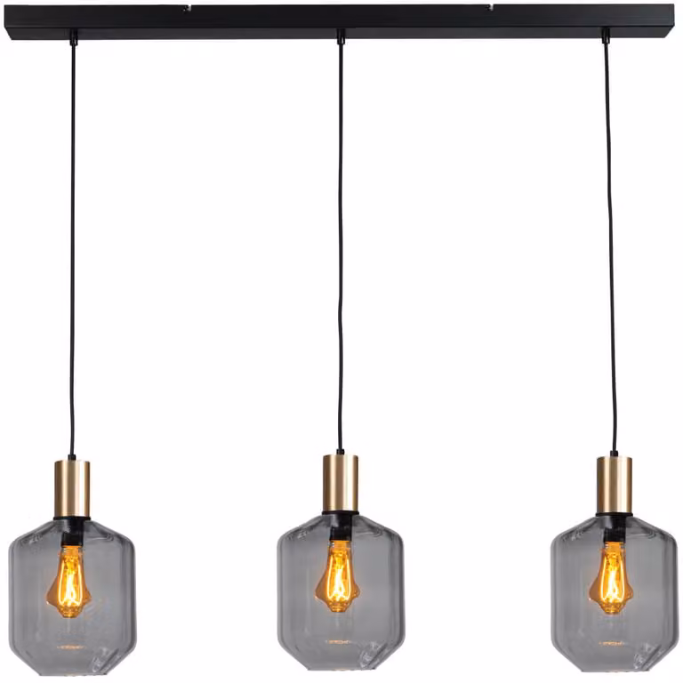 Masterlight Porto 3-lichts hanglamp met Jagger smoke glazen in goud/messing