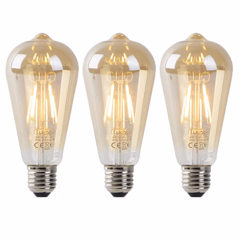 LUEDD Set van 3 E27 LED Globe Filament Lampen ST64 Goud/Messing met Schemersensor 4W 400 lm Warm Wit