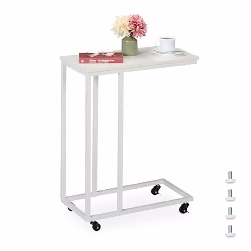 Relaxdays Bijzettafeltje u-vorm met wielen, Wit, H 79 x B 60 x D 30 cm