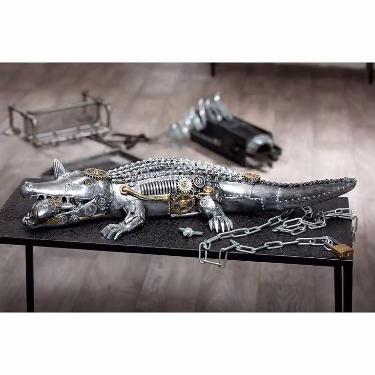 home24 Steampunk Crocodile Beeldje Zilver B: 36 cm, D: 15 cm, H: 60 cm
