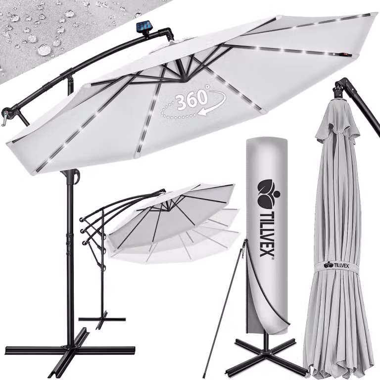Tillvex Zweefparasol Aluminium met LED Solar Ø 350 cm inclusief Zwengel, Hoes en Windbescherming