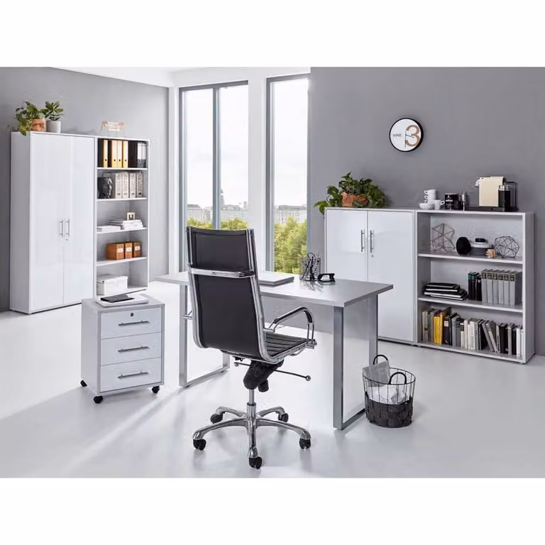 home24 Bureauset XI 6-delig modern bruin/lichtgrijs/hoogglans wit