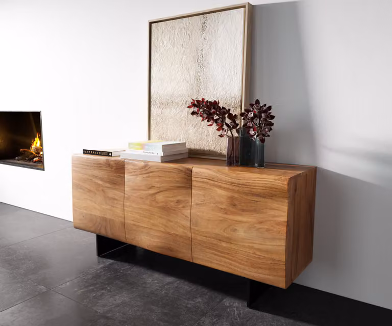 DELIFE Dressoir New Live-Edge met 3 deuren, Acacia natuur en zwart metaal, Breedte: 145 cm