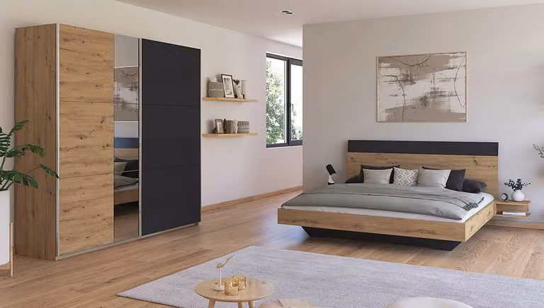 home24 Slaapkamerset 2-delig met zweefdeur, bruin/grijs-metallic/Artisan eikenhouten look, B/D/H: 180 x 200 cm