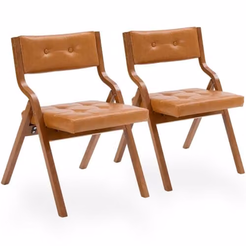 SEEDWAVE Set van 2 opklapbare eetkamerstoelen met houten frame en PU-lederen bekleding in walnoot/karamelbruin