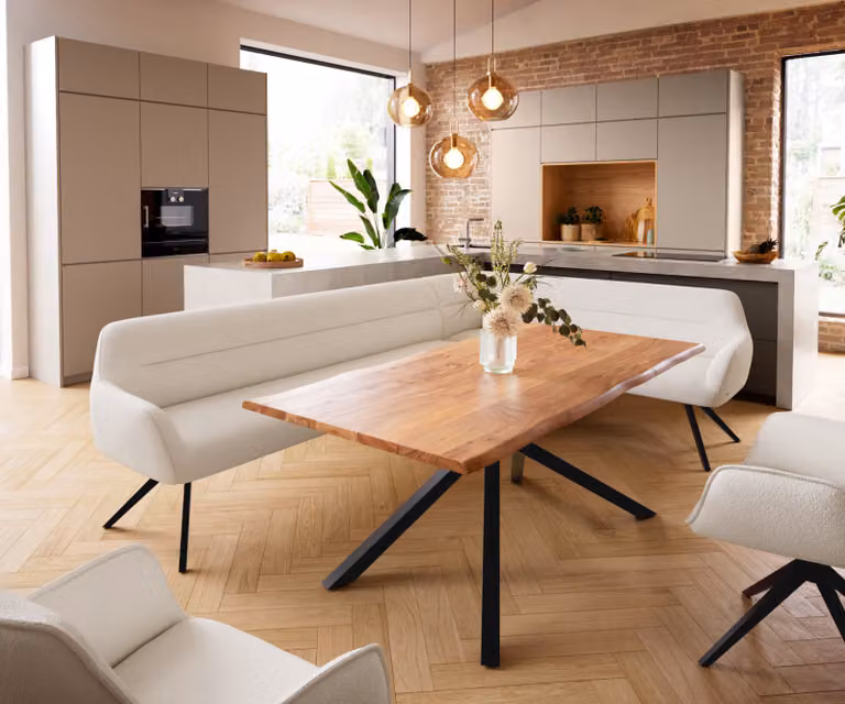 DELIFE Eetkamerbank Taya-Flex L-vormig, Bouclé Crème-wit met Zwart Metalen Frame, Rechts, 282 x 190 cm