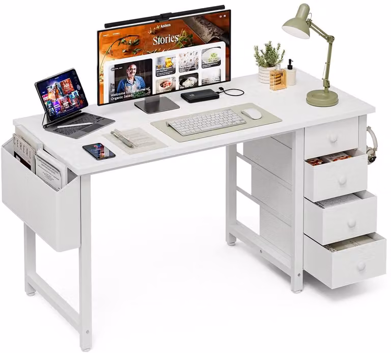 SnelShoppen Grandder Computertafel met 4 Stoffen Laden, Omkeerbaar Bureau voor Kinderen en Jongeren, Breedte: 100 cm