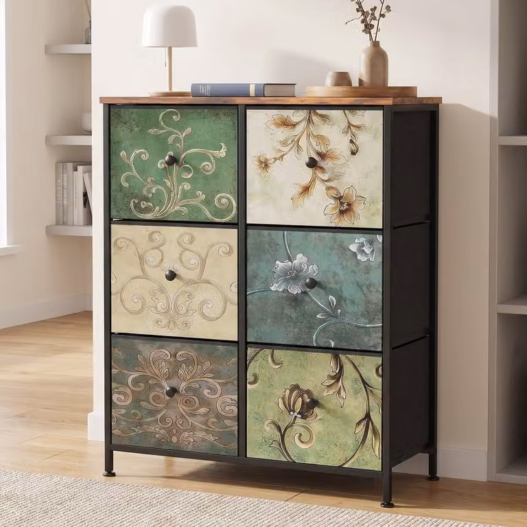 Vintage Ladekast met 6 Stoffen Lades en Metalen Frame - Veelkleurig - B: 67,5 cm, D: 30 cm, H: 86,5 cm