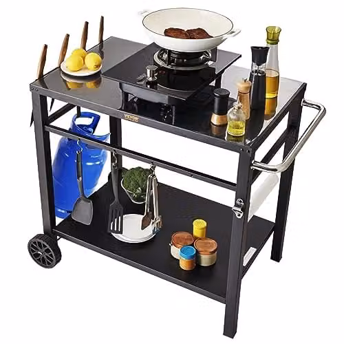 VEVOR Serveerwagen Keukentrolley Zwart, Verrijdbare Grilltafel met Dubbele Plank voor Buiten, B/D/H: 100 x 64 x 83,5 cm