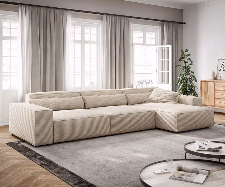 DELIFE Hoekbank Sirpio XL beige corduroy met variabele recamiere, B: 370 cm, D: 170 cm