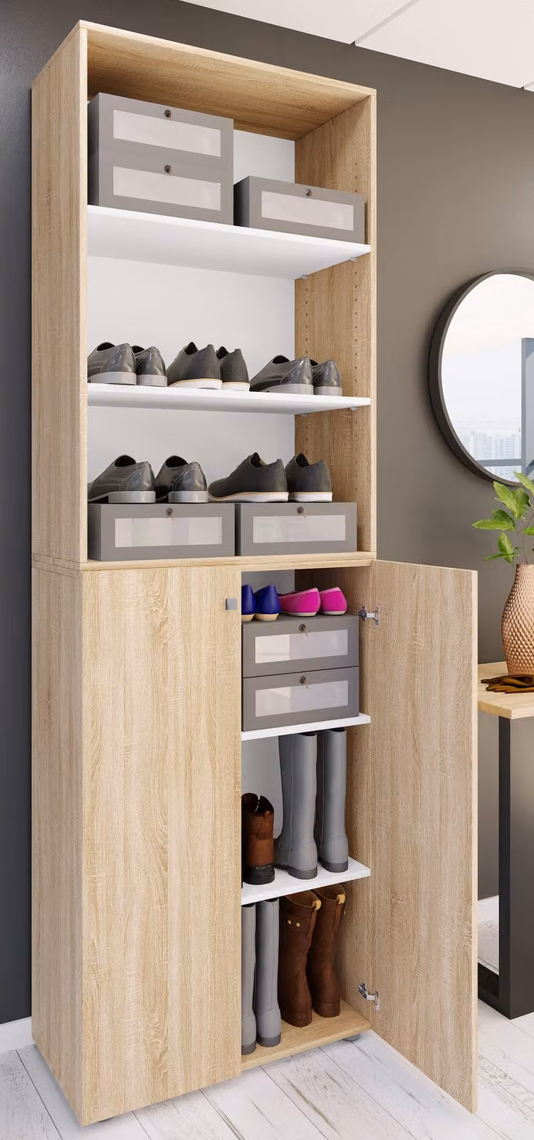 home24 Schoenenkast met 2 deuren wit/bruin Sonoma eikenhouten look B/D/H: 70 x 39 x 220 cm