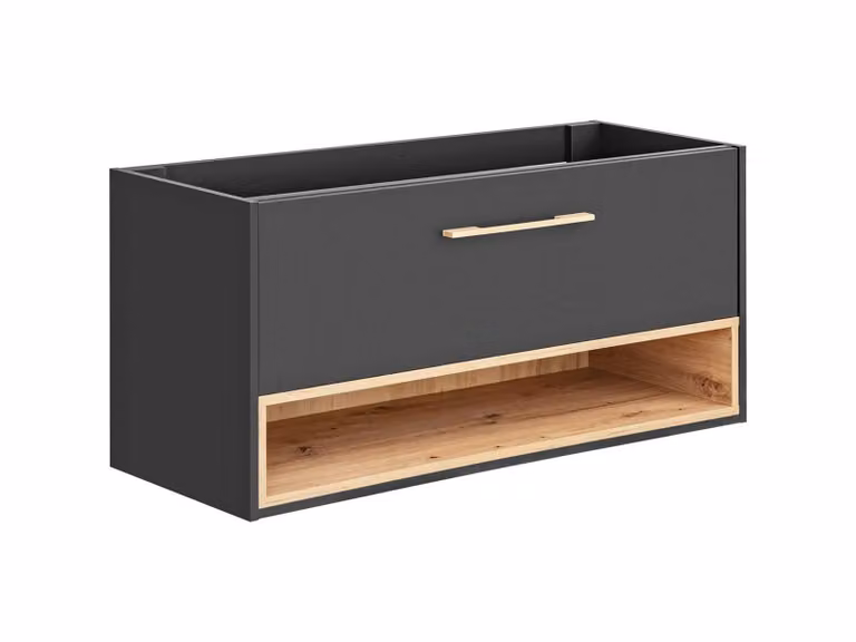 Badkamermeubel met open plank en deuren in houtlook
