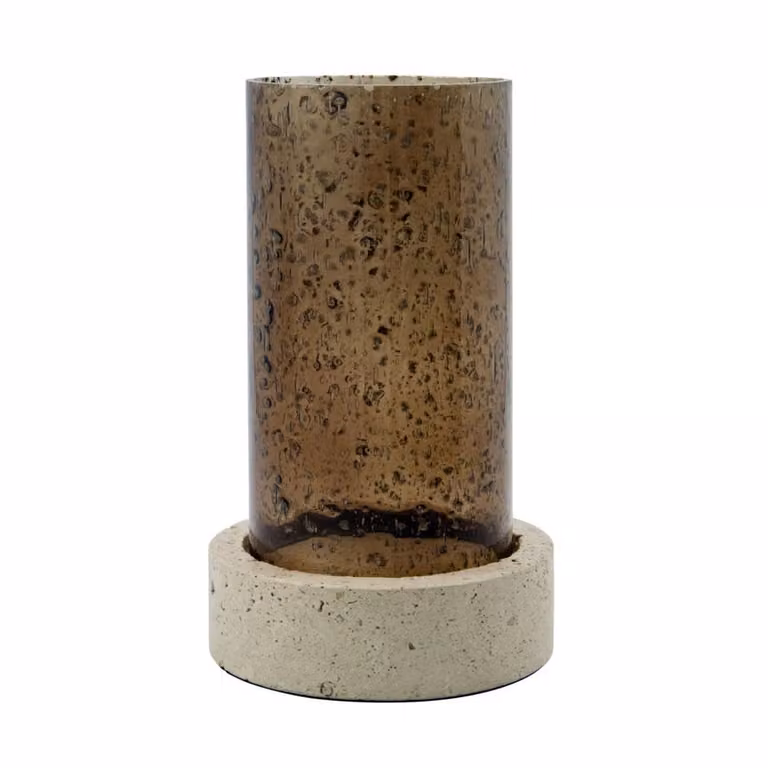 House Doctor Rivo kaarsenhouder Bruin met travertijnen voet en glas, Hoogte: 21,5 cm