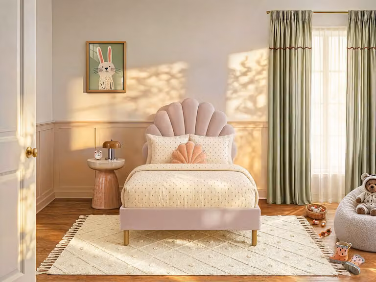 Vente-unique Bedframe in roze fluweel met rubberhout, B/D/H: 90 x 190 x 128 cm