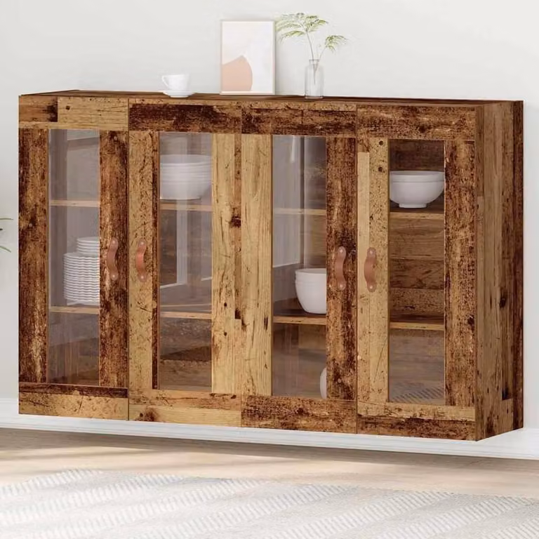 Wandkasten set met glazen deuren en rattan details in oud hout, B/D/H: 695 x 34 x 90 cm