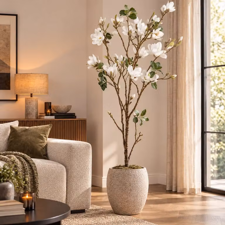PTMD Kunstboom Magnolia wit en groen in zwarte pot, Hoogte: 173 cm, Breedte: 48 cm