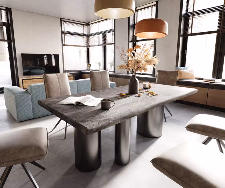 DELIFE Eetkamertafel Edge van Acacia met Live-Edge en RVS Onderstel, Platina/Grafiet, B: 200 cm, D: 100 cm, H: 75,5 cm