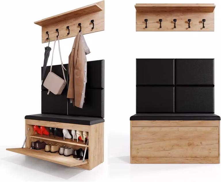 Garderobeset Gang Halmeubel voor jassen en schoenen met push-to-open systeem, Wit Eiken, Breedte: 100 cm