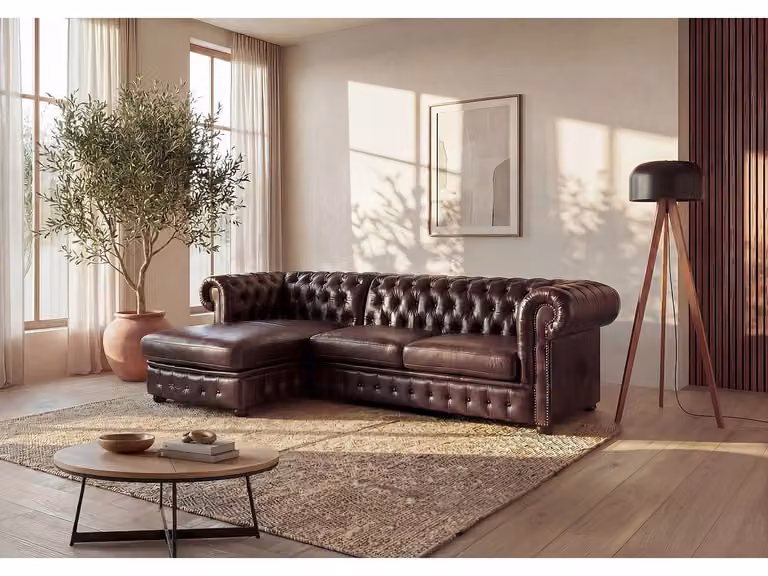 Hoekbank Chesterfield Brenton van 100% buffelleer - Chocolade met kastanjereflecties - Hoek links