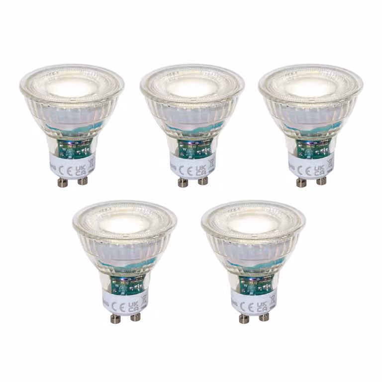 Set van 5 LUEDD GU10 LED lampen, 2.5W, 450 lm, 4000K Cool White, Dimbare transparante glazen spots