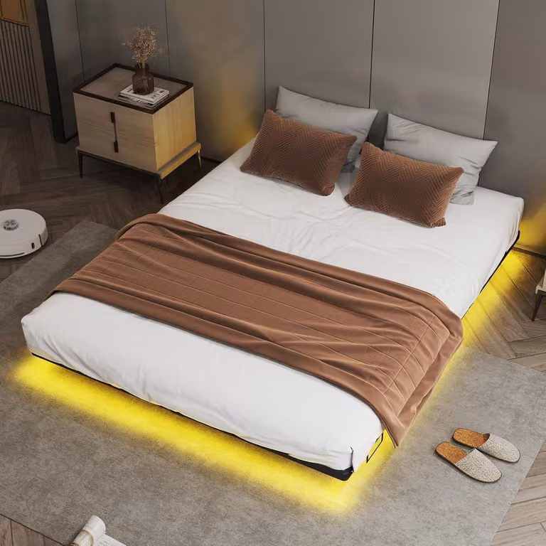 COMHOMA Metalen Bedframe met LED-verlichting en USB-poorten, Zwart, B/D: 140 x 200 cm