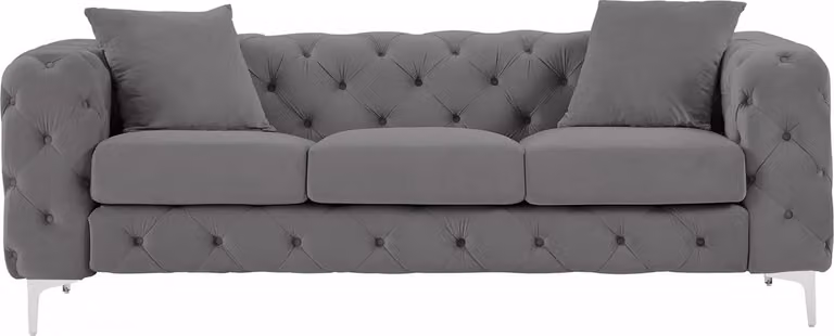 EDWINA Chesterfield driezitsbank in antracietgrijs velours met afneembare hoezen en decoratieve kussens